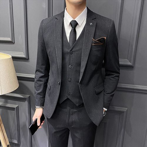 新郎西服套装商务休闲灰色西装三件套男士韩版潮流