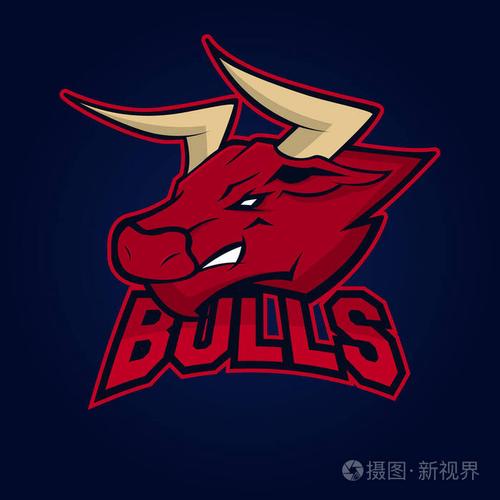 运动队的公牛吉祥物.公牛, 标志, 黑暗背景上的符号