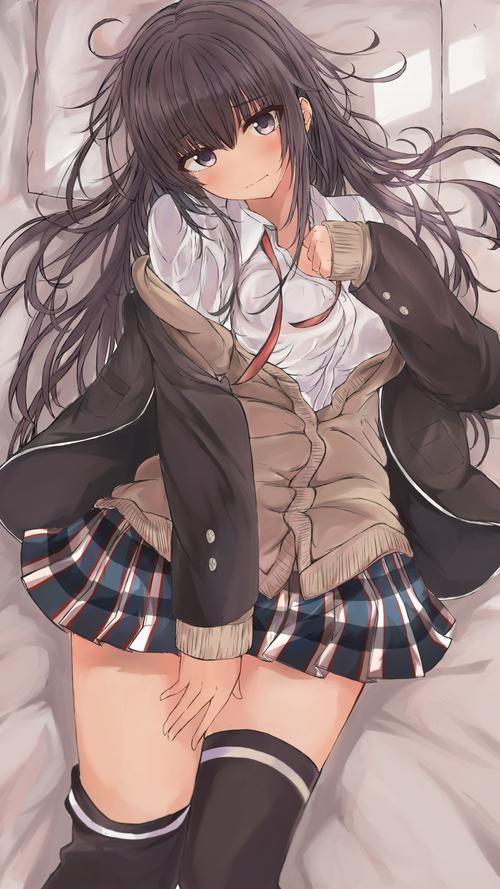 黑色刘海长发穿格子裙校服的动漫美女手机壁纸