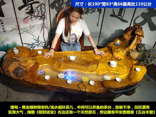 黄金樟流水鱼缸茶几整体树根茶台/天然实木茶桌雕金蟾功夫茶海