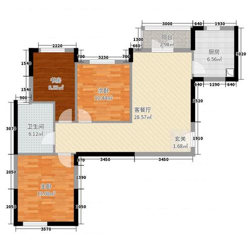 阳城汉江苑3室2厅1卫1厨95.00㎡户型图