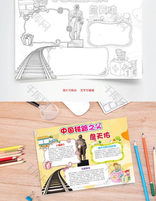 黄色卡通中国铁路之父詹天佑word手抄报