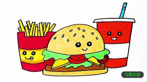 着色书如何为孩子画汉堡和薯条!美味的快餐卡通图片绘画