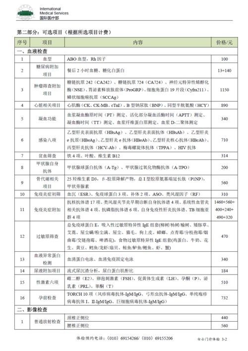 北京协和医院国际医疗部体检项目表