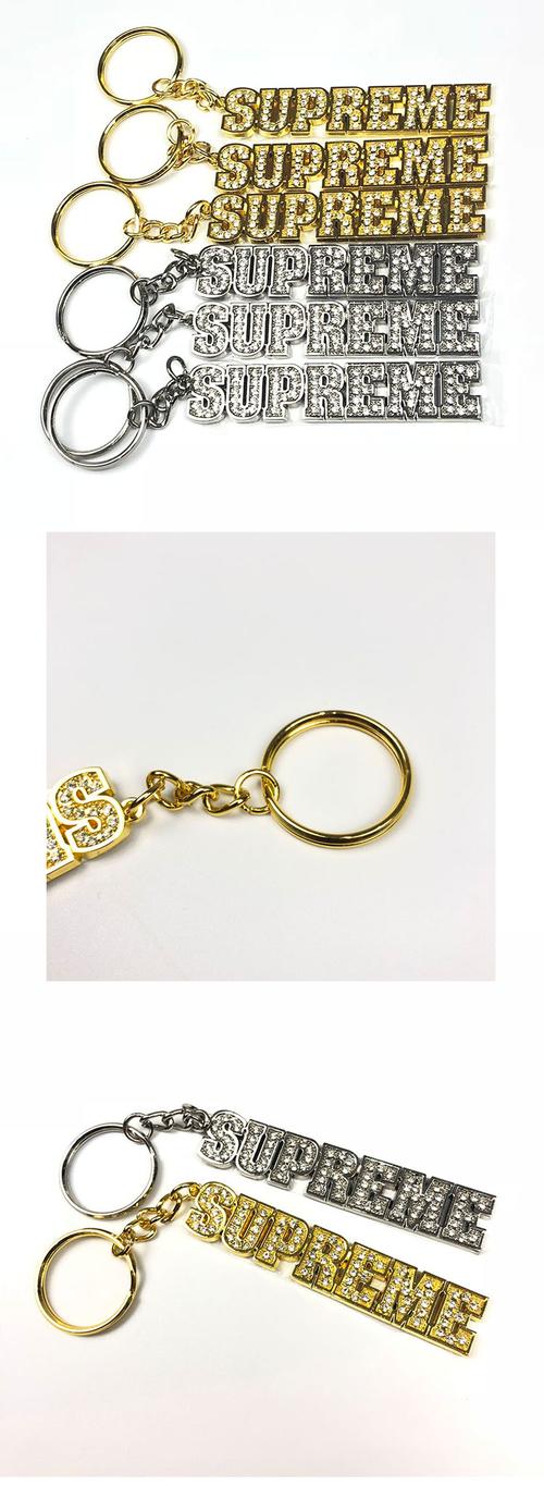 潮牌supreme block logo keychain金色银色潮牌钥匙扣 镶钻项链