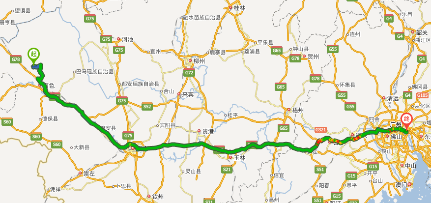 在广西平果走平马高速再经广昆高速到达广州大约多少公里