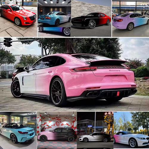 渐变粉猪汽车车改贴膜彩绘车膜整车个性定制变色龙改色膜
