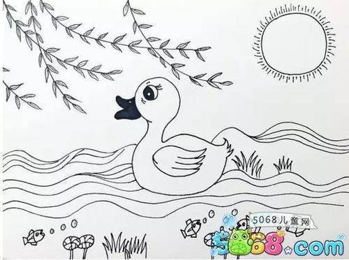 游泳的鸭子简笔画整幅
