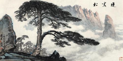 07381987年作迎客松镜片设色纸本