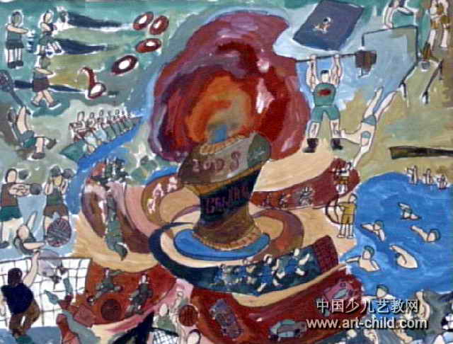 奥运之光儿童画属于水粉画,长486px,宽640px,作者唐康,男,12岁,来自