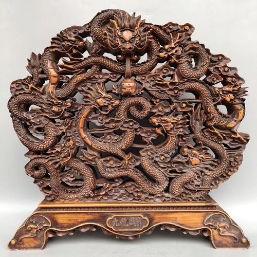 木雕《九龙戏珠》屏风大摆件,重4670克,品相尺寸