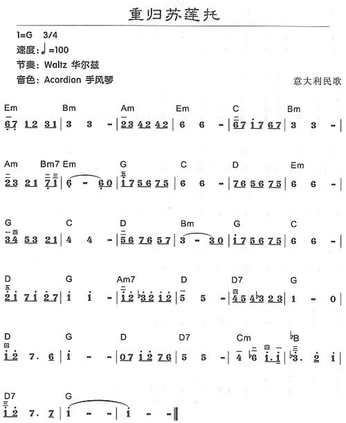 曲谱名:重归苏莲托电子琴谱