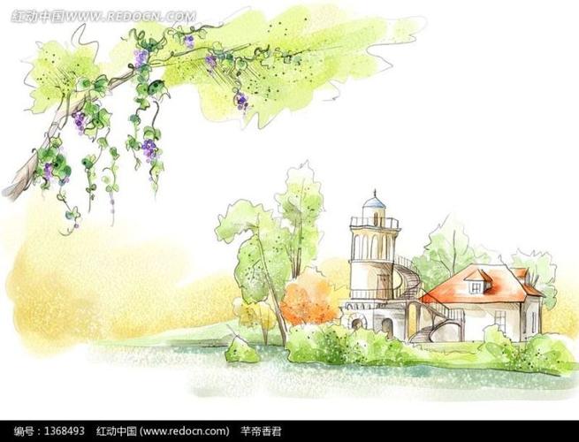 手绘葡萄藤叶下温馨溪流小屋图片