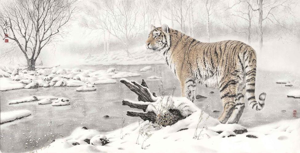 jp63唐坚 作品现代客厅装饰画 书画 中国画 走兽动物横幅名人字画 虎