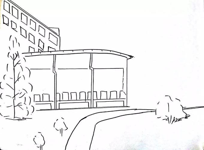 一幅简笔画 描绘的是校园一景 唤起的是校园情怀 驻足在喷泉广场