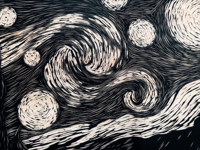 手工雕刻黑白木刻版画《星空》《神奈川冲浪里》