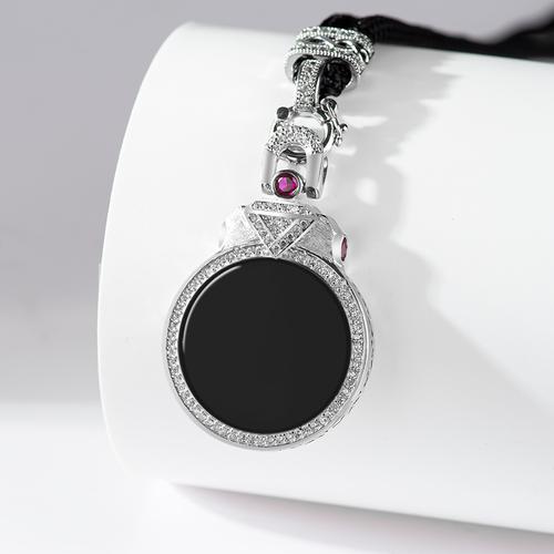 s925银镶嵌天然墨翠a货翡翠墨玉无事牌透绿玉石吊坠时尚简约女款