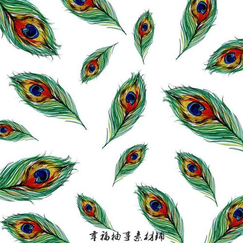 唯美小清新手绘孔雀羽毛平铺背景图案家纺布艺印花矢量设计素材