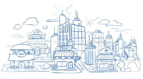 与现代大厦的城市风景书写剪影手拉乱画传染媒介例证 向量例证