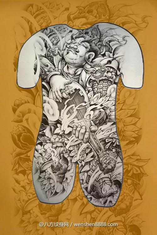 百色高级发型师的男生满背持国天王纹身手稿图案图片