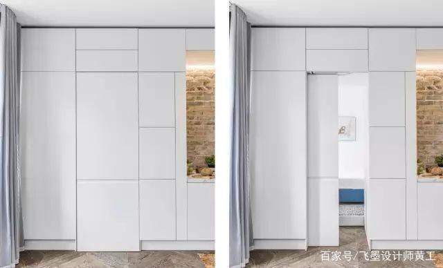 卧室采用了隐形门设计,隐藏在橱柜还真的难以发现,感觉就像是把卧室