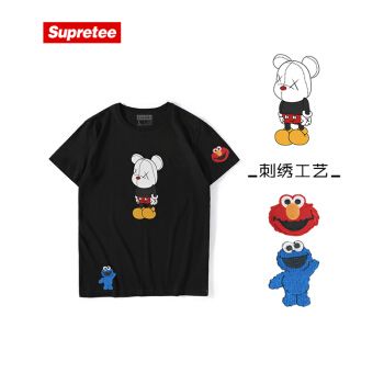 supretee潮牌芝麻街x 联名短袖t恤男新款夏季刺绣棉半袖男女ins情侣装