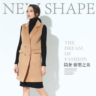 欧美品牌专柜2016秋季新品毛呢外套胶大口袋切花复合马甲背心大衣