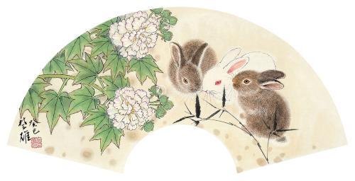 方楚雄 花卉三兔 扇面 设色纸本