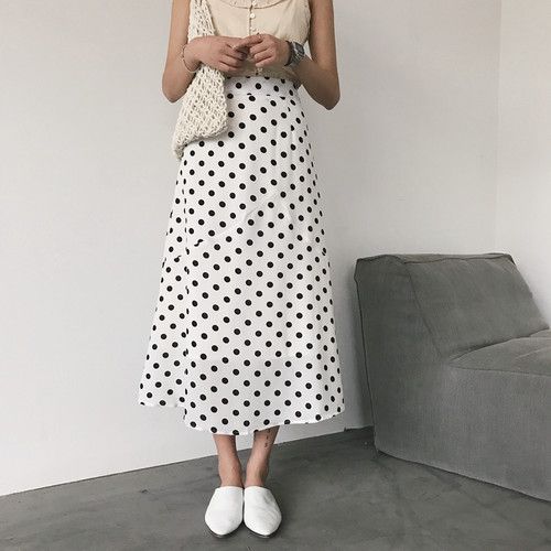 【苏安家】波点重度上瘾 白色底黑波点拼接显瘦气质a字雪纺半身裙_7折