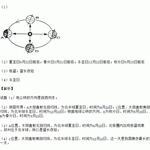 读地球公转示意图.回答下列问题:(1)在图中用箭头标出