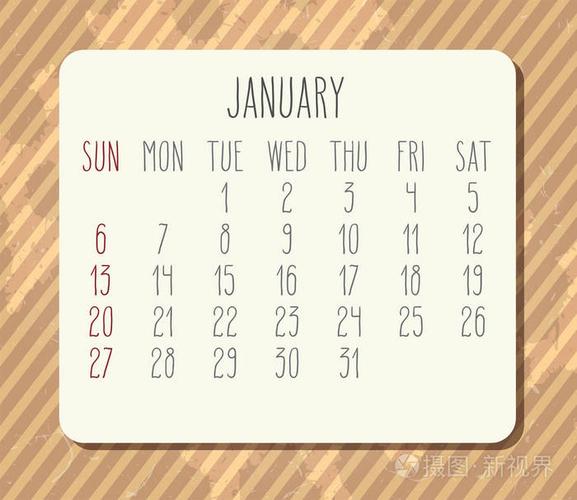 2019年1月矢量月日历. 从星期天开始的一周. 老式棕色