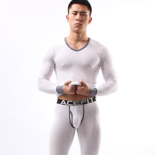 正品acefit 男士莫代尔v领秋衣秋裤 薄款修身保暖内衣套装 白色