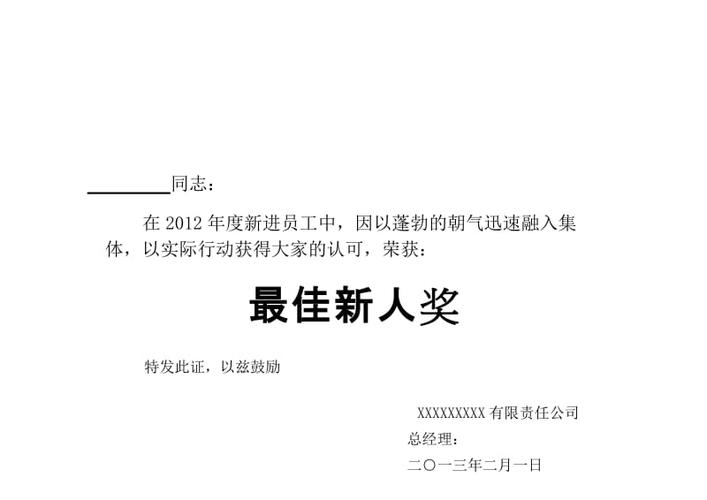 最佳新人奖荣誉证书