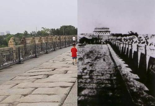 画面左边为2017年7月4日拍摄的卢沟桥,右边为卢沟桥旧时影像,桥面砖仍