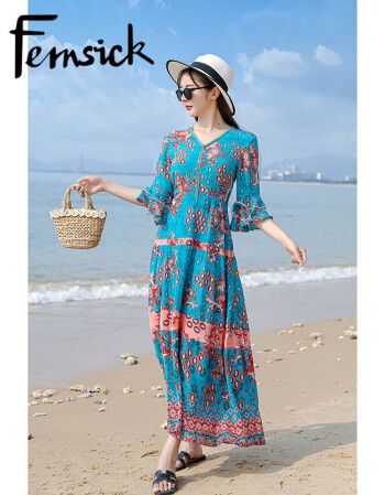 fernsick高定品牌波西米亚五分袖碎花长裙女2021年夏季新款民族风海边