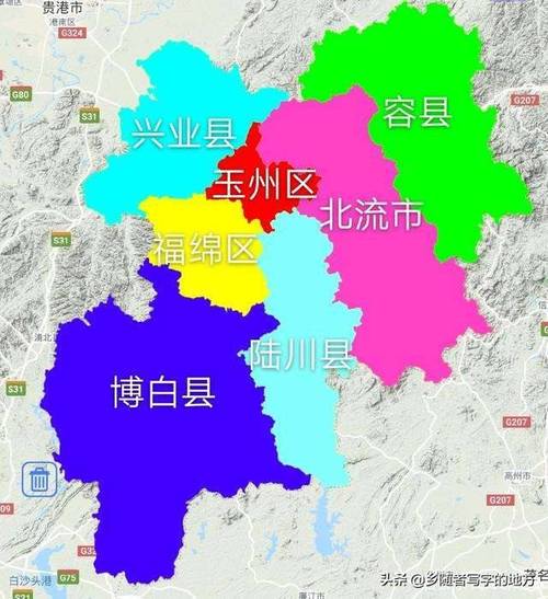 玉林市行政区划图北流市县级市:兴业县博白县陆川县容县县:福绵区玉州