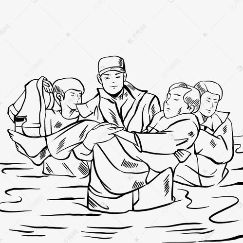 抗洪救灾洪水极端天气素描线描