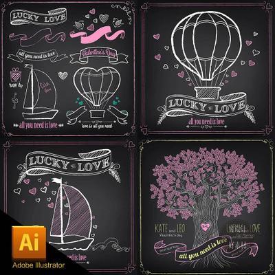 复古黑板手绘情人节婚礼主题插图卡片模板 矢量设计素材 g1211