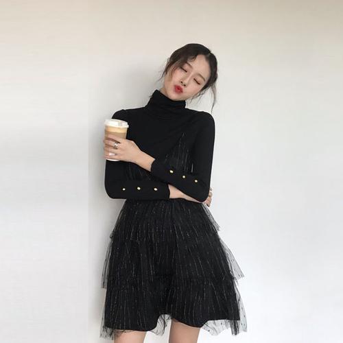 黑色洛丽塔洋气小香风两件套装小黑裙高领打底衫 网纱