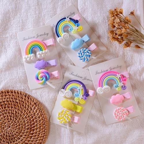 新韩国儿童彩虹棒棒糖发夹三件套小女孩刘海边夹子头饰鸭嘴夹发饰