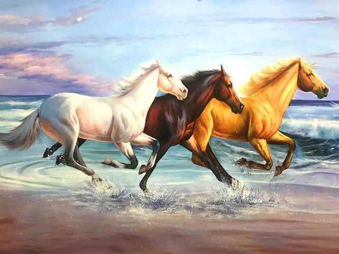 海边沙滩动物奔跑的三匹马骏马diy钻石画