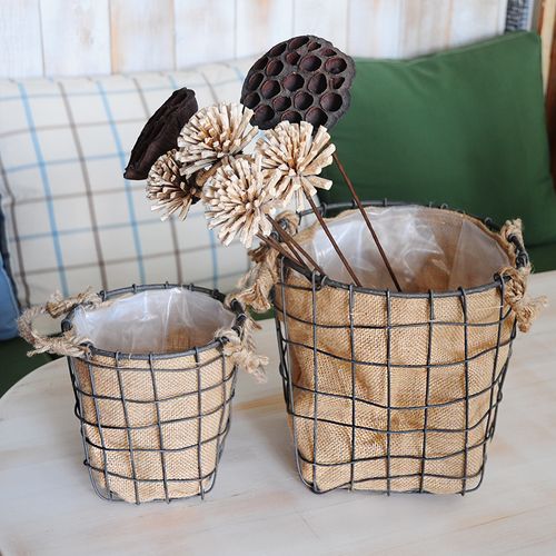 北欧风手工铁艺花器铁丝收纳筐仿真小雏菊花篮复古杂货家居储物筐