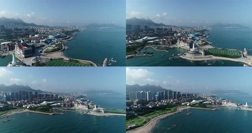 航拍4k山东青岛小麦岛胶东海岸沙滩海洋馆