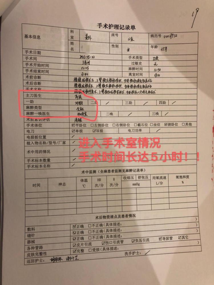 护理记录单上的术后记录显示,小冉手术后至5月4日凌晨五点小冉一直