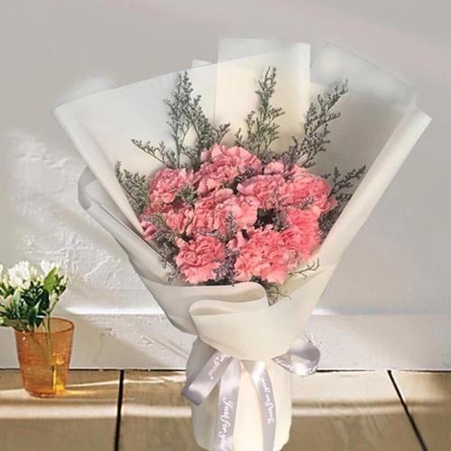 11朵粉色康乃馨搭配适量情人草,韩式包装款式,显得别有一番风情