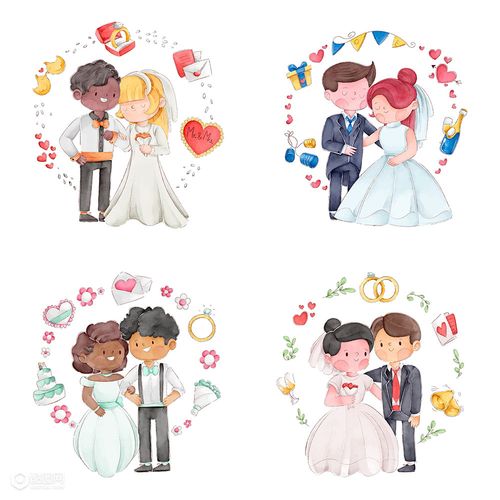 q版可爱风格婚礼新娘新郎卡通人物插画