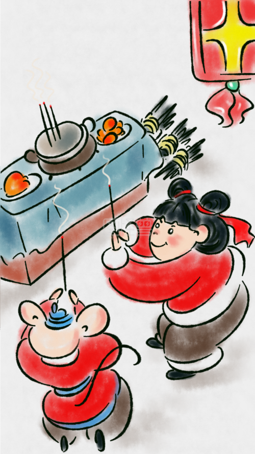 图怪兽原创元素水墨年俗腊月二十三手机插画