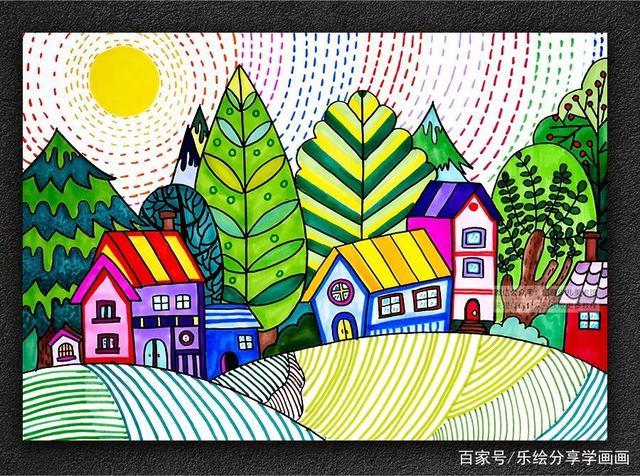 儿童画教程|水彩笔绘画的色彩装饰练习《诗情画意的小村庄》