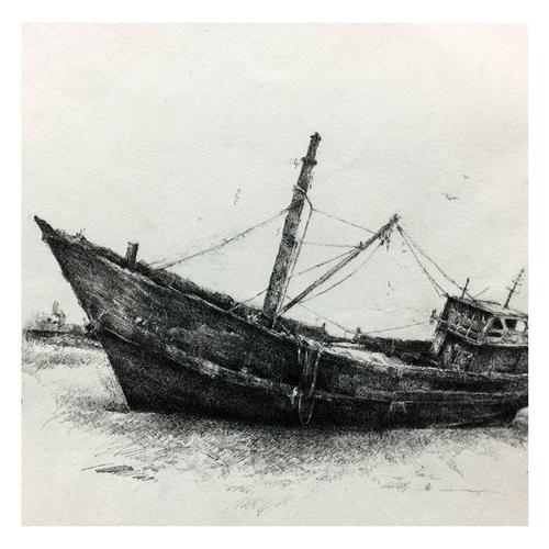 孙贺钢笔素描《船》有装裱