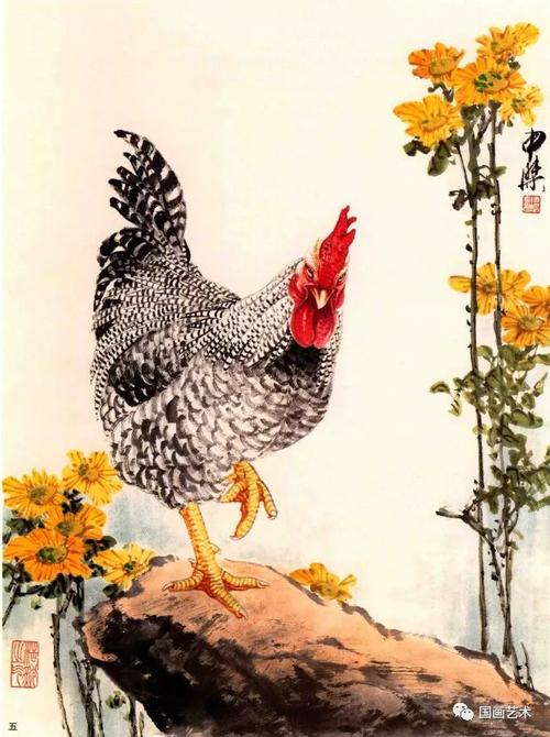 芦花鸡  步骤一:用淡墨勾出结构,用朱磦调曙红画鸡冠.